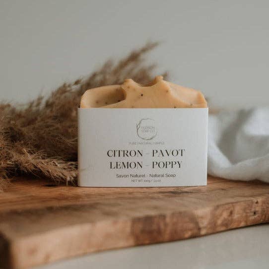 Lemon Poppy soap bar close-up — natural exfoliating handmade soap
