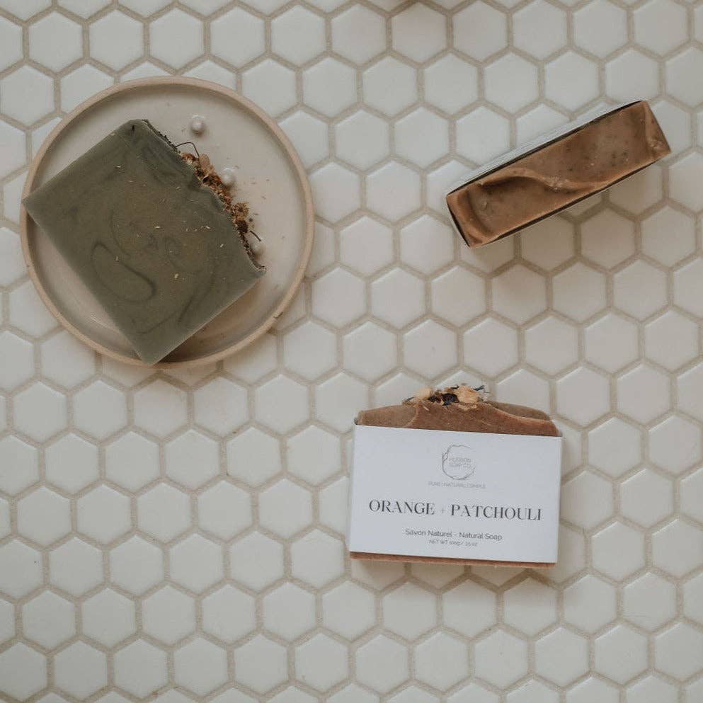 Orange Patchouli soap bar lifestyle — natural handmade soap Canada