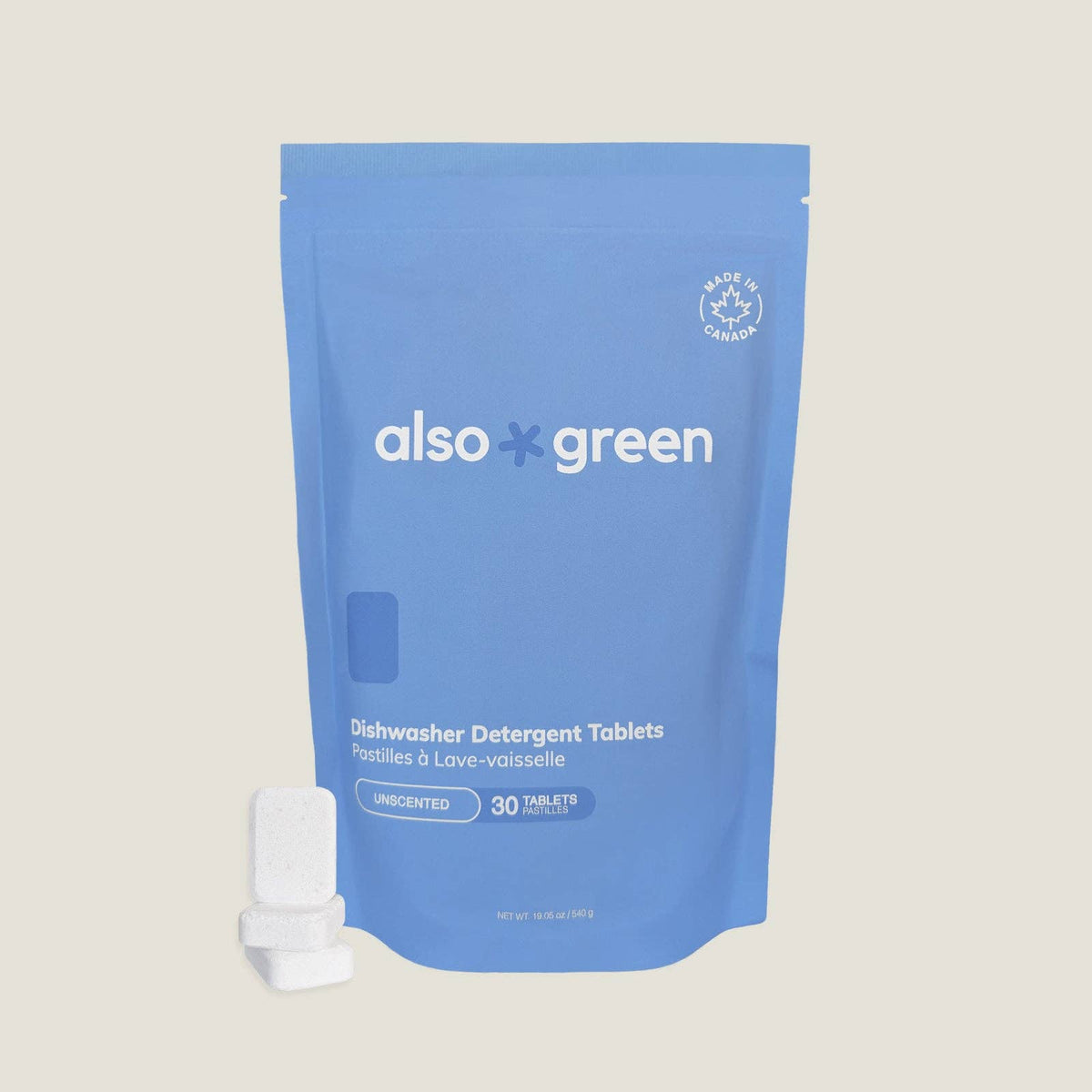 Also Green Dishwasher Detergent Tablets 30-pack — natural plastic-free dishwasher tablets Canada
