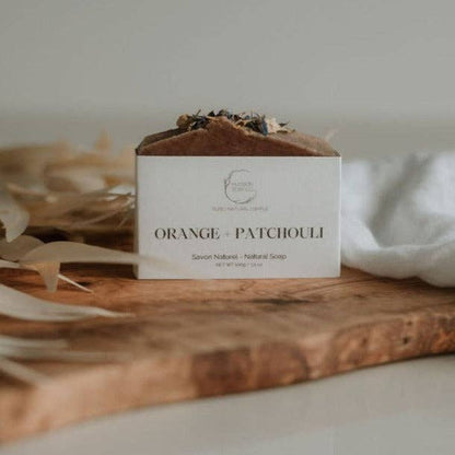 Orange Patchouli soap bar close-up — natural earthy handmade soap