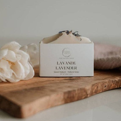 Lavender soap bar close-up — natural lavender handmade soap