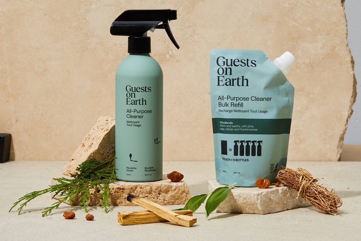 Woodlands All-Purpose Cleaner in use — natural eco-friendly surface cleaner Canada