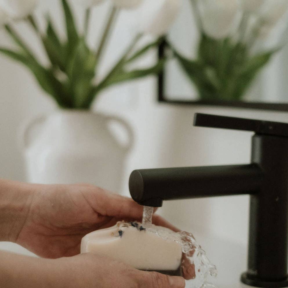 Lavender soap bar flat lay — natural lavender soap bar